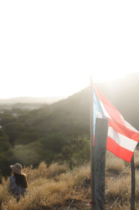 Close-up of flag on landscape against clear sky