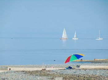 Sailboat in sea against clear sky