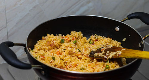 High angle view of breakfast in cooking pan