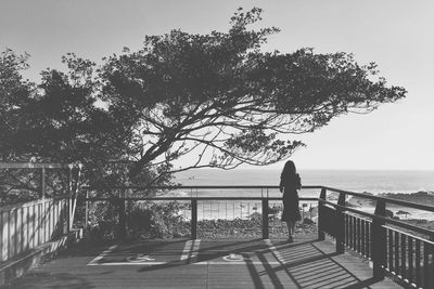 Man on railing by sea against clear sky