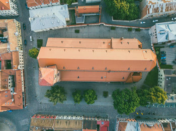 High angle view of trees and houses in town