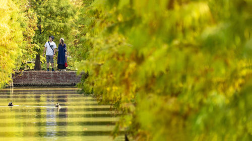 Rear view of people standing by trees