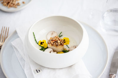 High angle view of food in plate on table