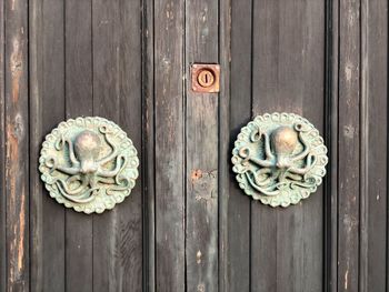 Close-up of closed door, octopus decoration 