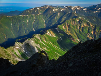 Scenic view of green mountains against sky