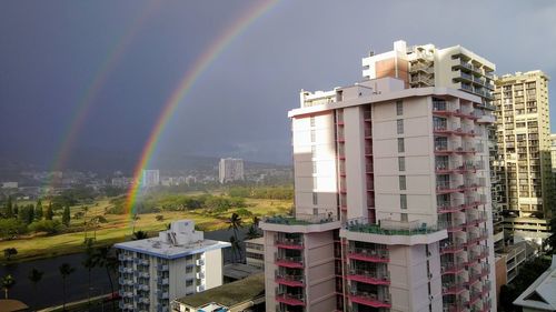 Rainbow over buildings in city against sky