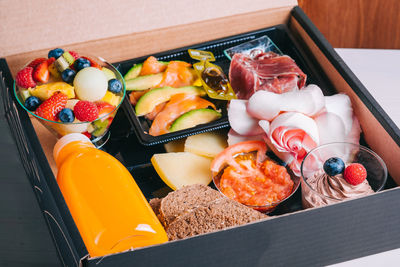 High angle view of breakfast on table