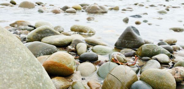 High angle view of stones on beach