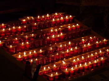 Close-up of illuminated candles in temple