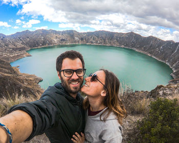 Couple at quilotoa lake in ecuador