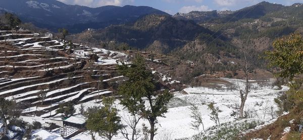 High angle view of snow covered landscape