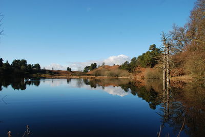 Scenic view of lake against clear blue sky