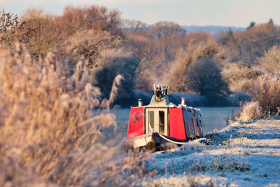 Canal boat on cold morning 