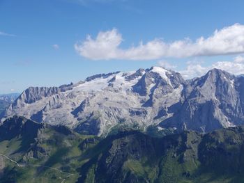 Scenic view of mountains against cloudy sky