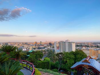 High angle view of buildings against sky