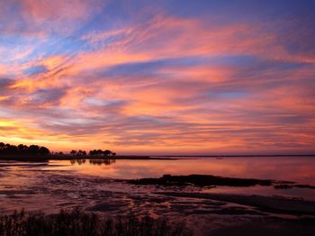 Scenic view of sea against orange sky