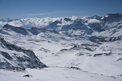 Scenic view of snow covered mountains against sky