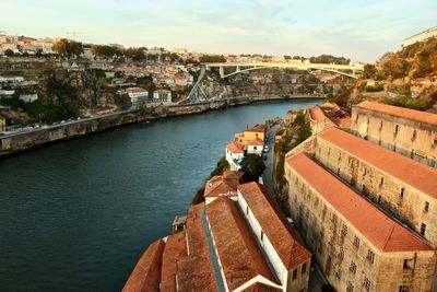 High angle view of river amidst buildings against sky