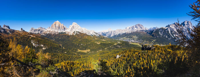 Scenic view of snowcapped mountains against clear blue sky