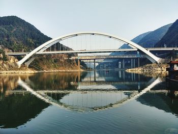 Reflection of bridges over river against clear sky