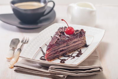 High angle view of cake in plate on table