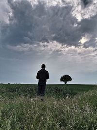 Rear view of man standing on field