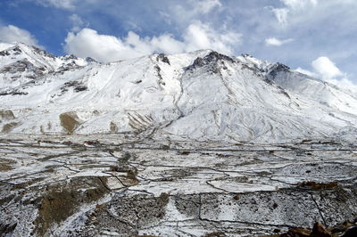 Scenic view of snow covered mountains