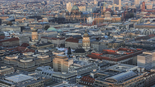 Aerial view of cityscape during sunset