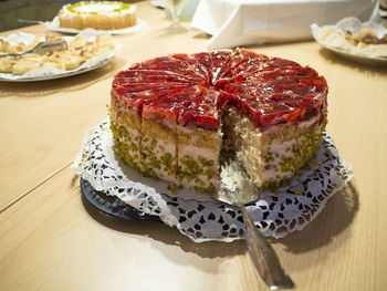 High angle view of dessert in plate on table