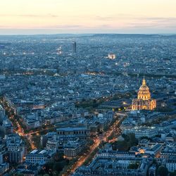 High angle view of city at sunset