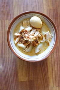 High angle view of soup in bowl on table