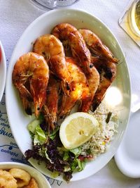 High angle view of seafood in plate on table