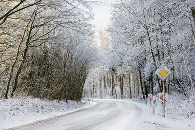 Snow covered road amidst trees during winter