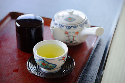 High angle view of tea cup on table