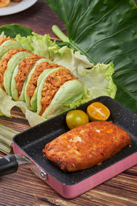 High angle view of meal served on table