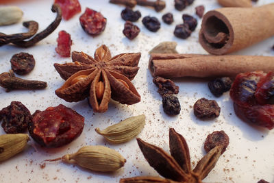 Close-up of scattered spices on table