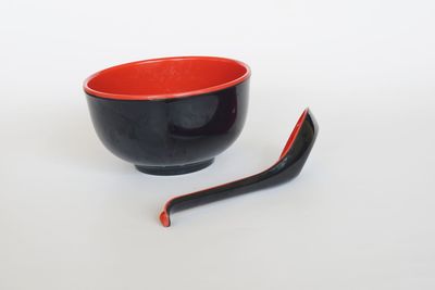 High angle view of tea cup on white background