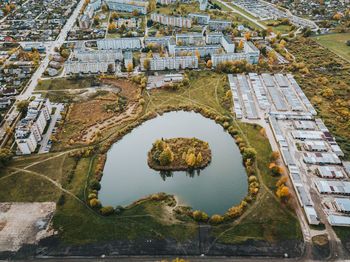 High angle view of cityscape during autumn