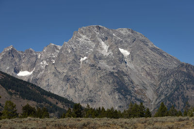 Scenic view of snowcapped mountains against clear blue sky