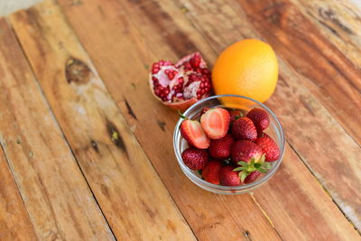 High angle view of fruits in bowl on table