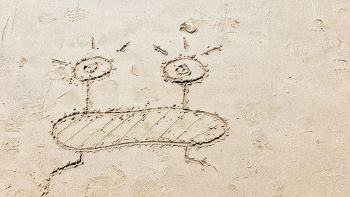 High angle view of text on sand