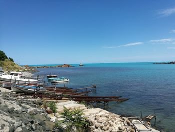 Scenic view of sea against clear blue sky