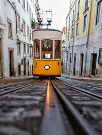 Railroad tracks amidst buildings in city