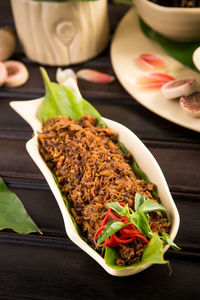 Close-up of meal served on table