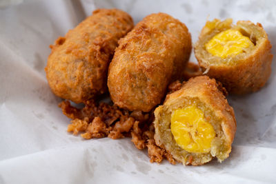 High angle view of bread in plate on table