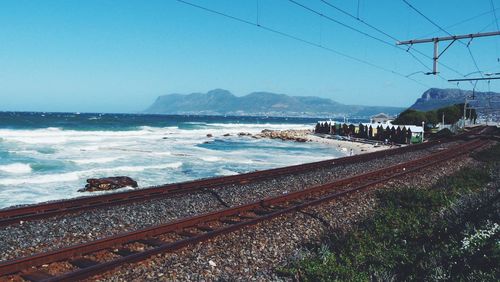 Railroad tracks by sea against clear sky