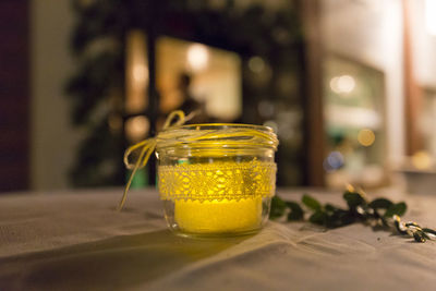 Close-up of drink in jar on table