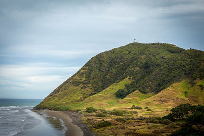 A photo of a small white lighthouse on the top of the hill. overcast, summertime. new zealand.