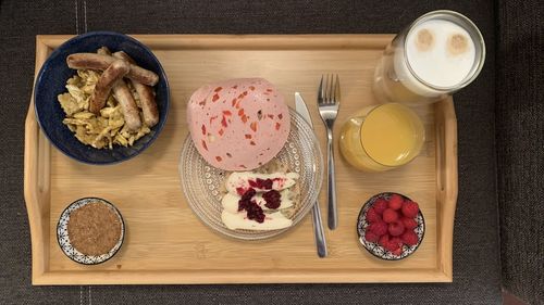 High angle view of breakfast on table