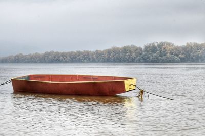 Boat on lake against sky